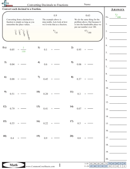 Converting Decimals To Fractions Ths   Ths Worksheet
