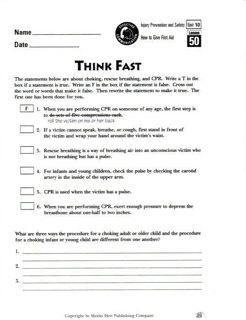 First Aid Worksheets For Middle School