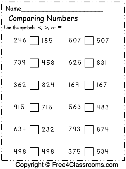 Free Comparing Numbers Worksheets