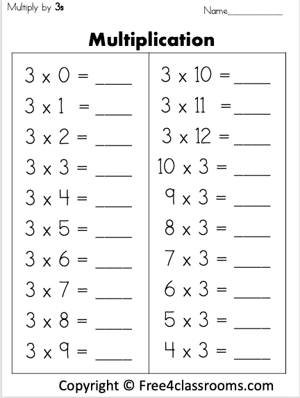Free Multiplication Math Worksheet
