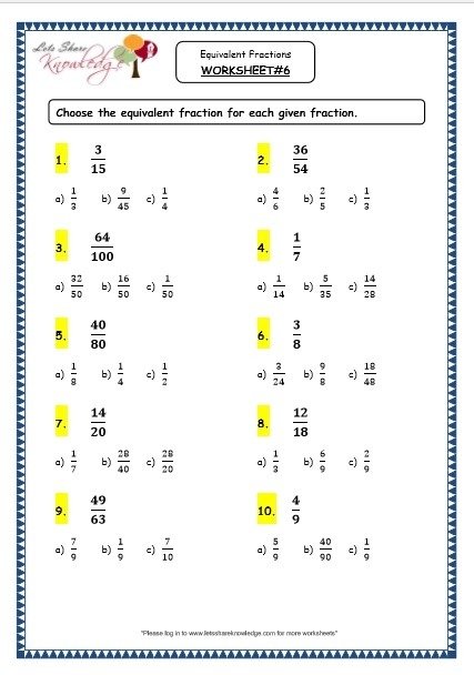 Grade  Maths Resources  Equivalent Fractions Printable