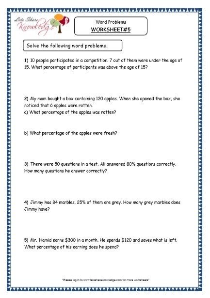 Grade  Maths Resources  Word Problems Percentages Printable