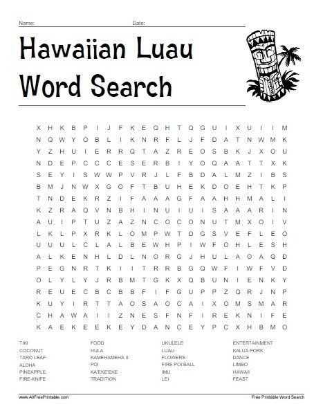 Hawaiian Luau Word Search