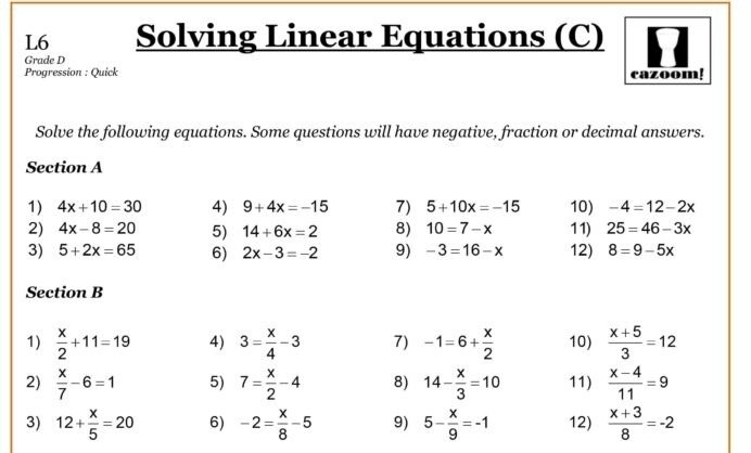 Image Result For Grade Math Worksheets Linear Equations Free