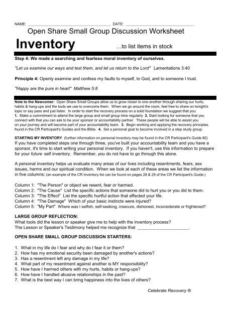 Lesson Inventory Celebrate Recovery Steps Worksheets Positive Step