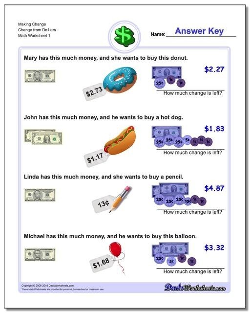 Making Change Math Worksheets Money From Whole Dollars V Th