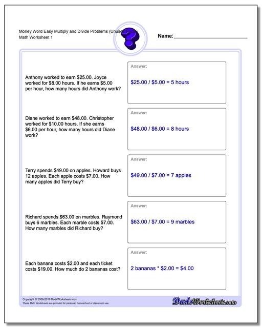 Money Word Problems Worksheets Extra Facts Easy Multiply V Large