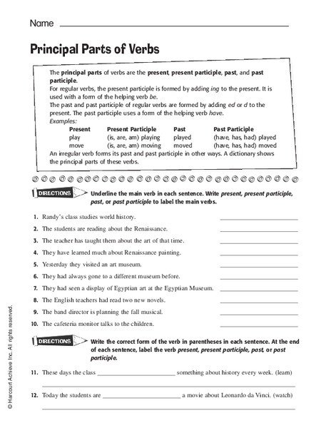 Principal Parts Of Verbs Worksheet For Th