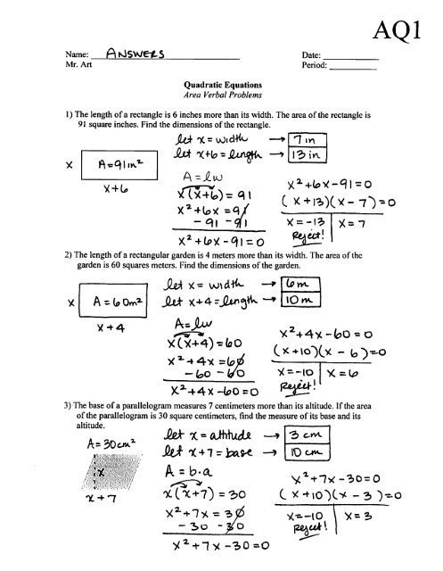 Quadratic Equations Area Problems Worksheet Aq Answers