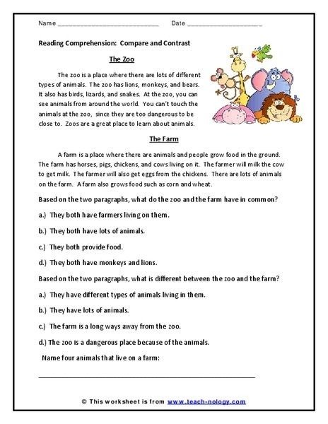 Reading Comprehension Compare And Contrast Worksheet