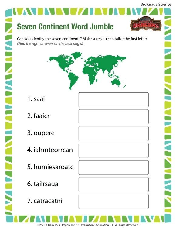 Seven Continent Word Jumble View  Rd Grade Worksheet  Sod