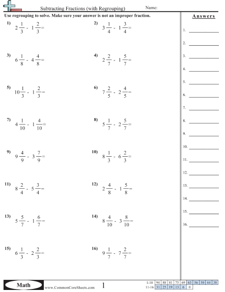 Subtracting Fractions With Regrouping Worksheet