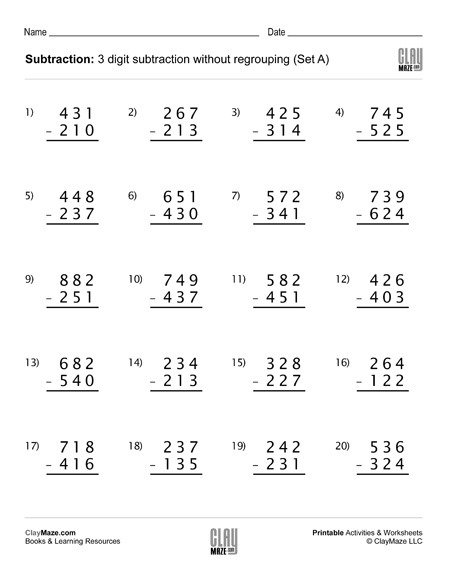 Subtraction Worksheet   Digit Subtraction Without Regrouping