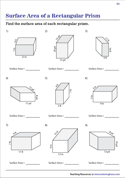 Surface Area Of Rectangular Prisms Worksheets