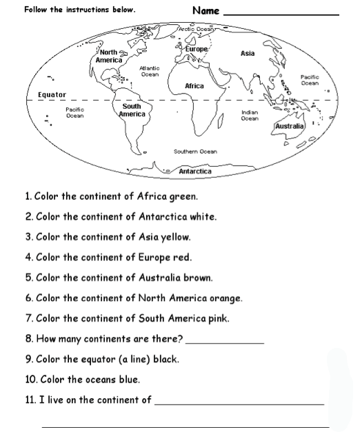 The Continents Worksheets