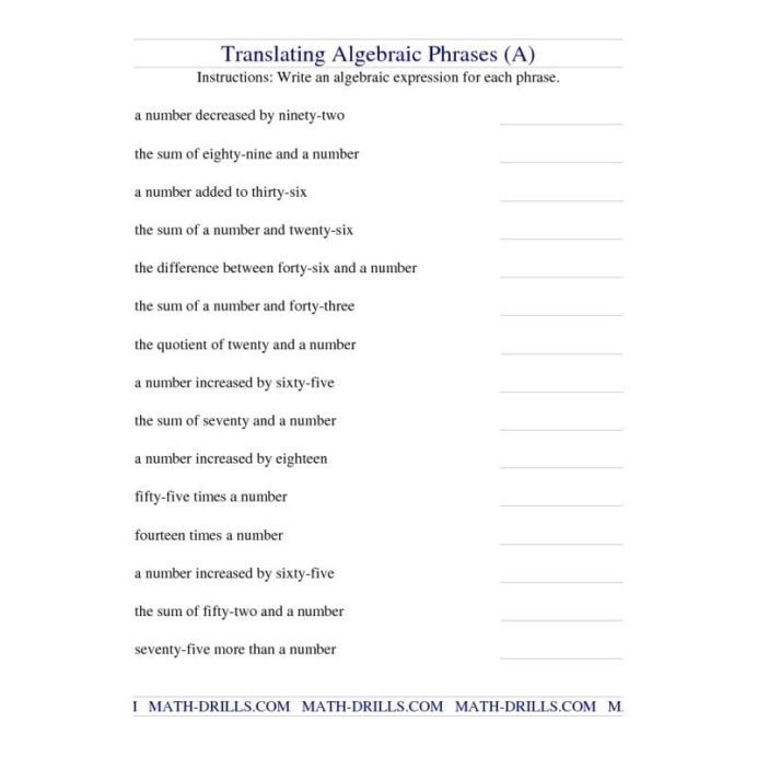 Translating Algebraic Phrases Algebra Worksheet Expressions