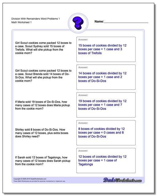 Word Problems Th Grade Math Worksheets Division With Remainders