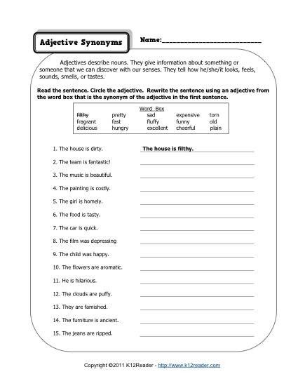 Adjective Synonyms Nd Grade Worksheets Rd Synonyms Extra Large