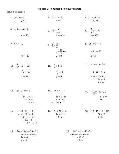 Algebra   Chapter  Review Answers