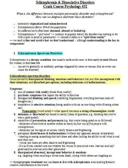 Crash Course Worksheets  The Information Sheet For Schizophrenia