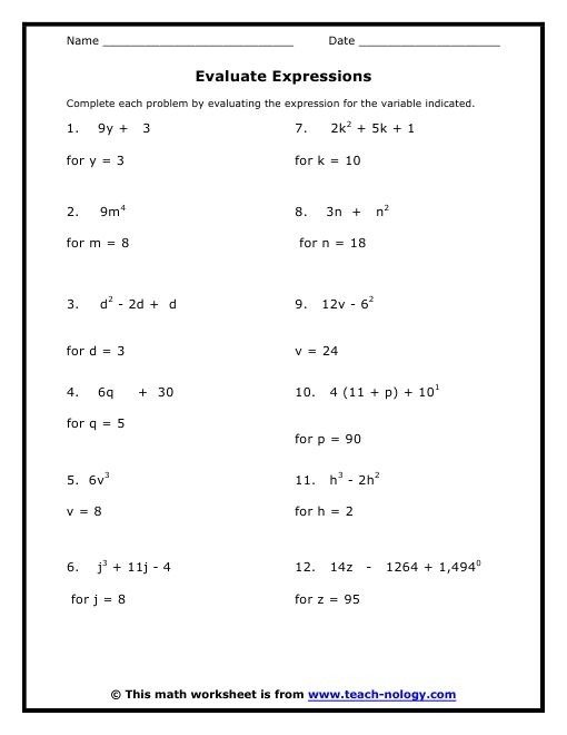 Basic Algebra Worksheets 8th Grade