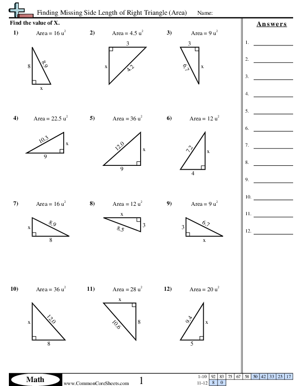 Finding Missing Side Length Of Right Triangle Area Worksheet