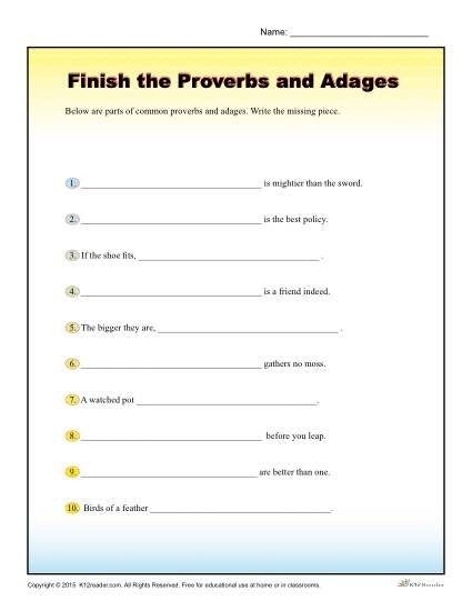 Finish The Proverbs And Adages Worksheet For Th  Th Grade