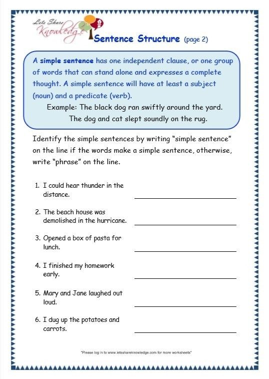 Grade Grammar Topic Sentence Structure Worksheets On Sentences For