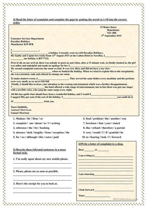How To Write A Letter Of Complaint Worksheet