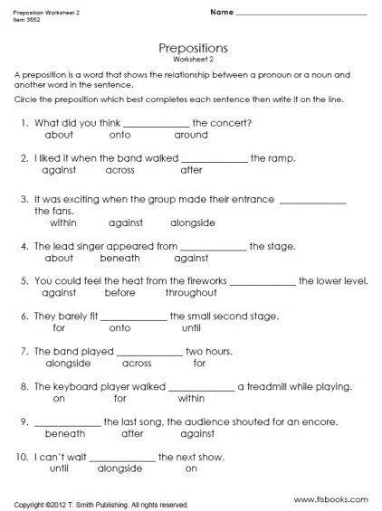 preposition worksheets for grade 5 with answers