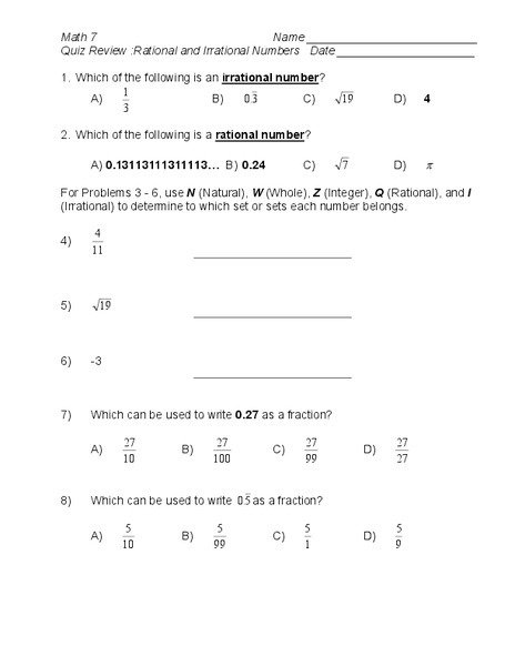 Quiz Review Rational And Irrational Numbers Worksheet For Th