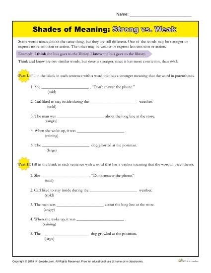 Shades Of Meaning Worksheets 4th Grade - Worksheets Master