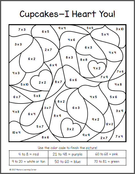 Valentines Day Color By Number Multiplication Worksheets