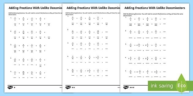 Adding And Subtracting Unlike Fractions Worksheets