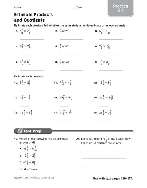 Estimate Products And Quotients Practice Worksheet For Th