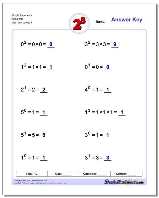 Exponents Worksheets Powers And Simple With Hints V Large Th