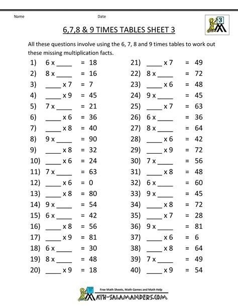 Free Multiplication Worksheets     Times Tables