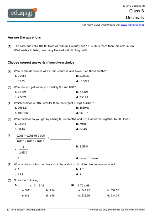 Grade  Math Worksheets And Problems Decimals