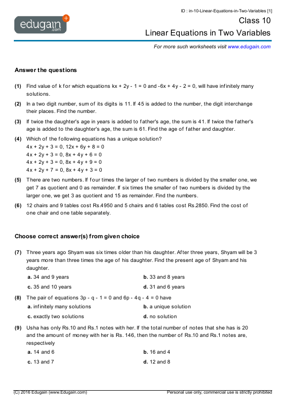 Grade  Math Worksheets And Problems Linear Equations In Two