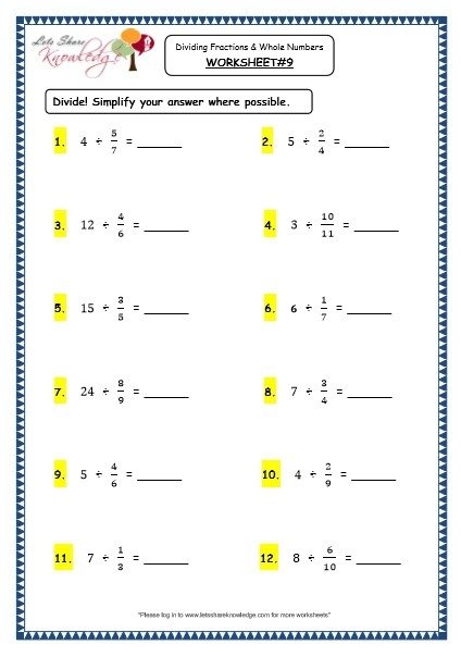 Grade  Maths Resources  Dividing Fractions And Whole Numbers