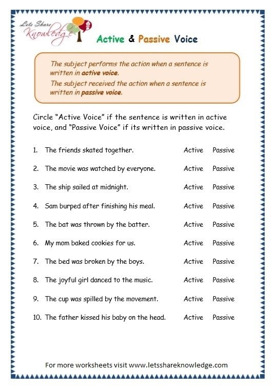 Active Voice Sentences Worksheets