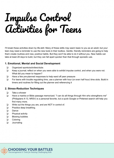 Impulse Control Worksheets Printable For Teens