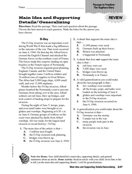 Main Idea And Supporting Details Generalizing Worksheet For Th