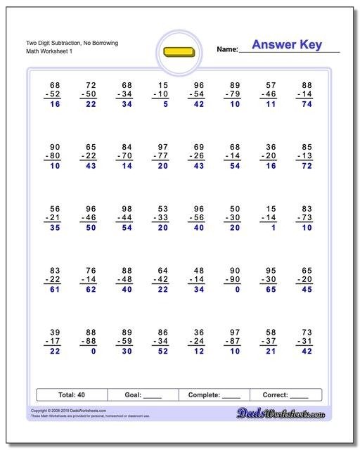 No Borrowing Math Worksheets Subtraction With Regrouping Two Digit