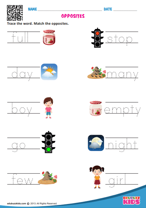 Printable English Opposite Words Worksheets For Preschool