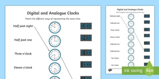 Digital And Analogue Clocks Oclock And Half Past Worksheet
