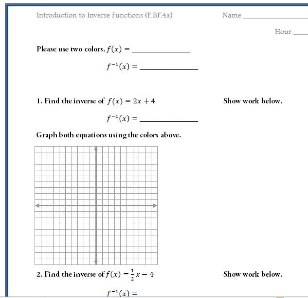 Free Worksheet To Introduce Inverse Functions Common Core Math F