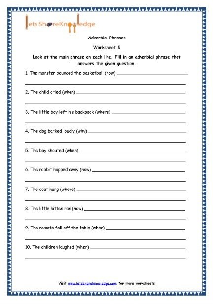 Grade  English Resources Printable Worksheets Topic Adverbial