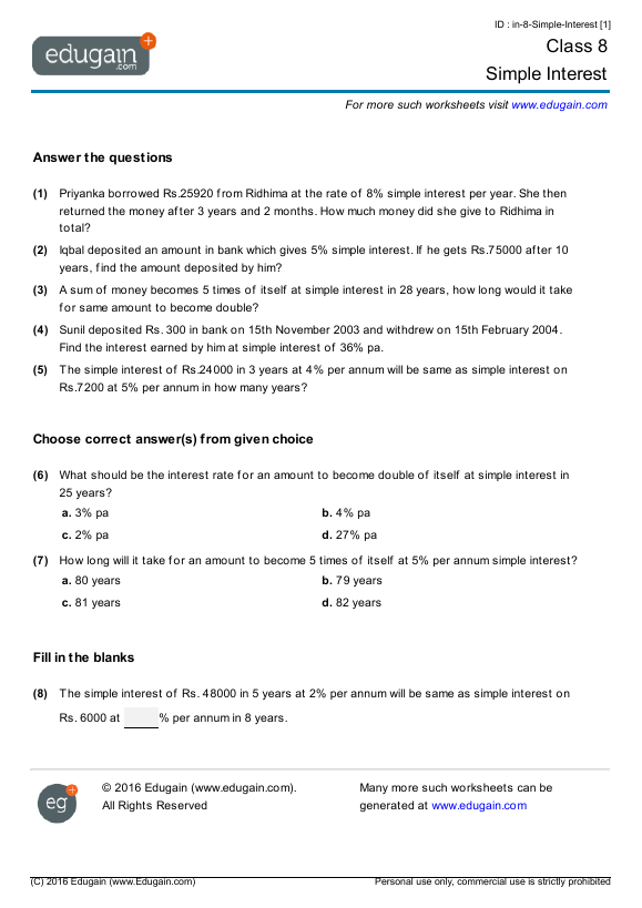 Grade  Math Worksheets And Problems Simple Interest
