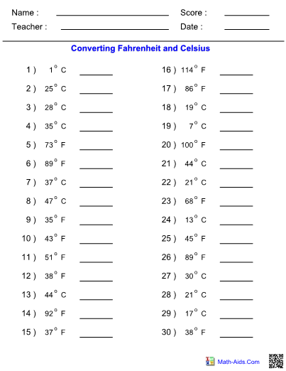 Measurement Convert Fahrenheit Celsius Worksheet